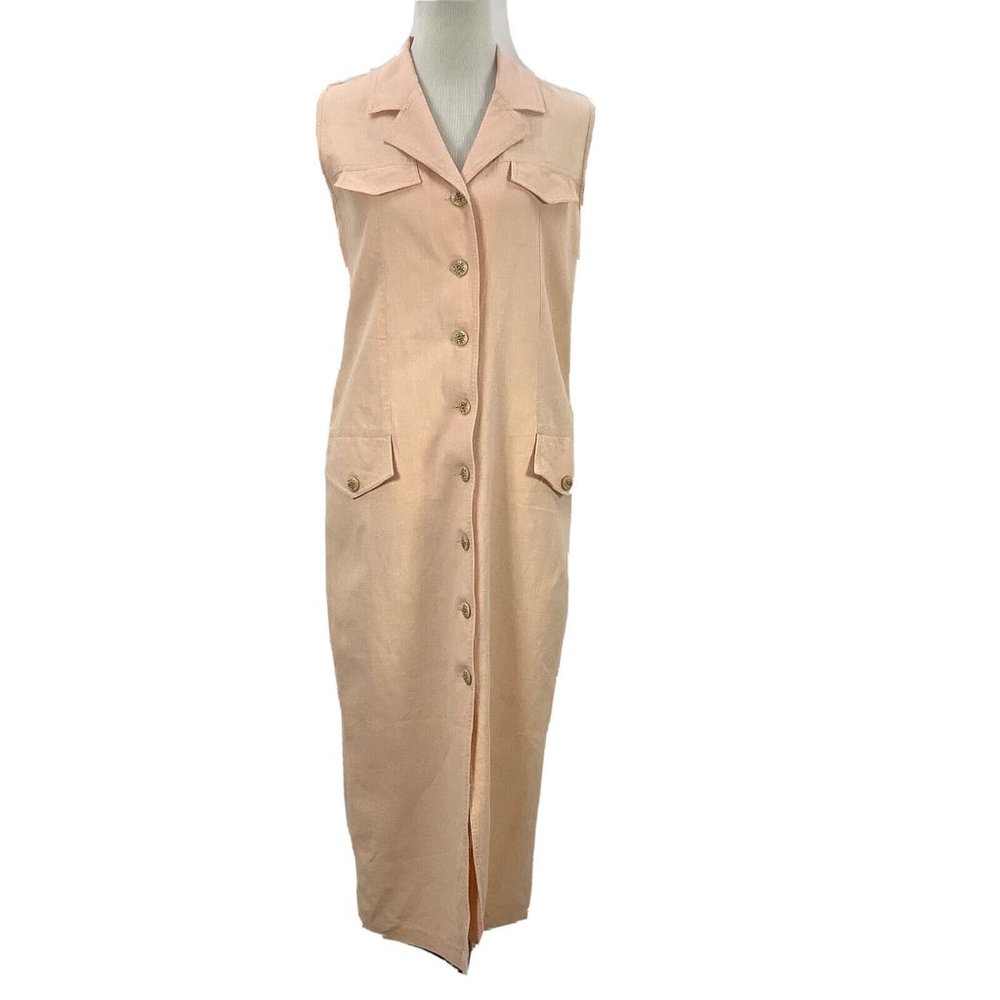 Vintage MADISON WELLS Dress *size 7/8 Sleeveless Shirtdress Linen Cotton Peach